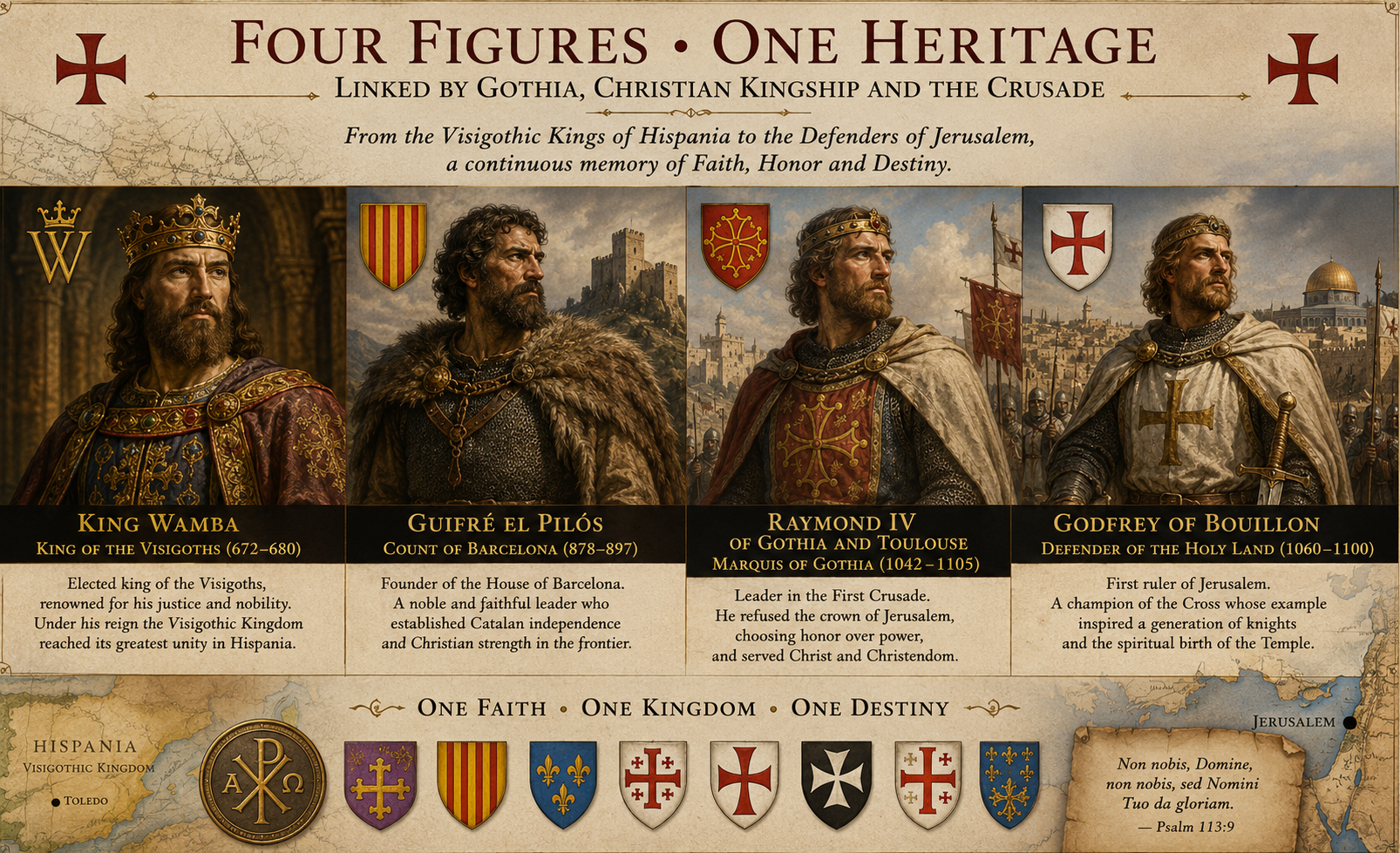 Four Figures One Heritage: Wamba, Wilfred, Raymond IV, Godfrey