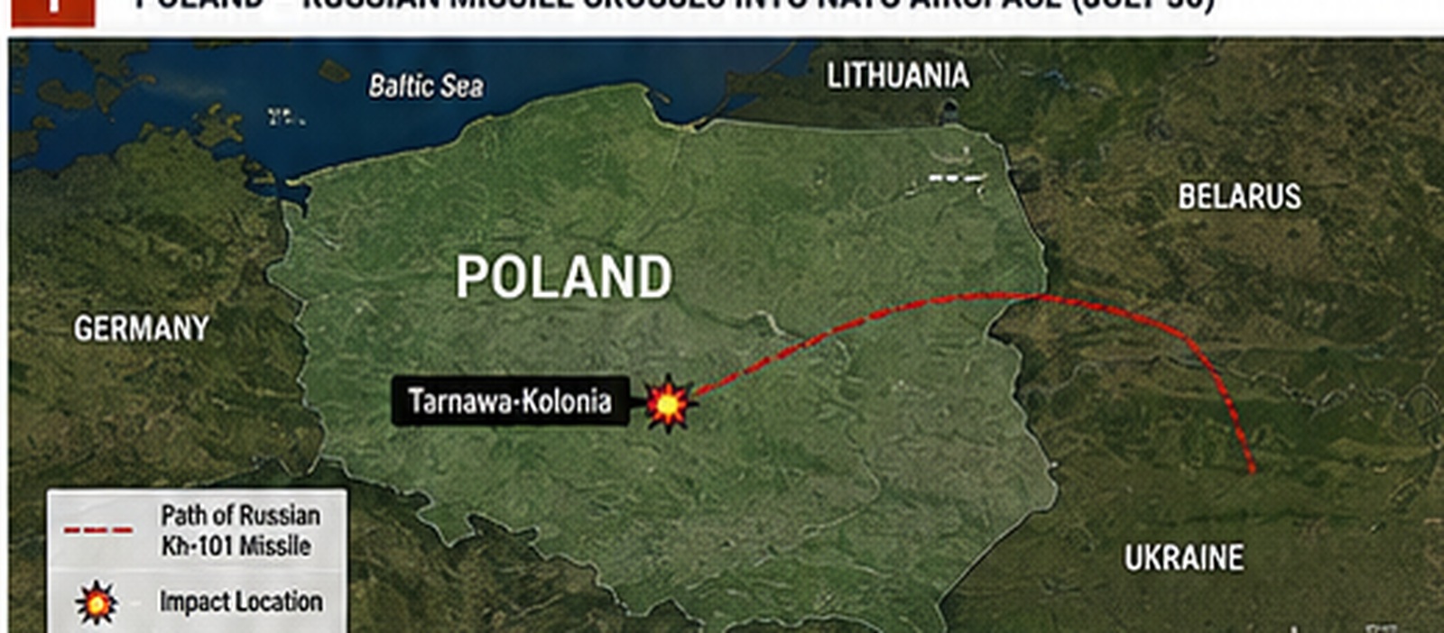 Map showing Poland and the location where a Russian Kh-101 cruise missile crossed into NATO territory
