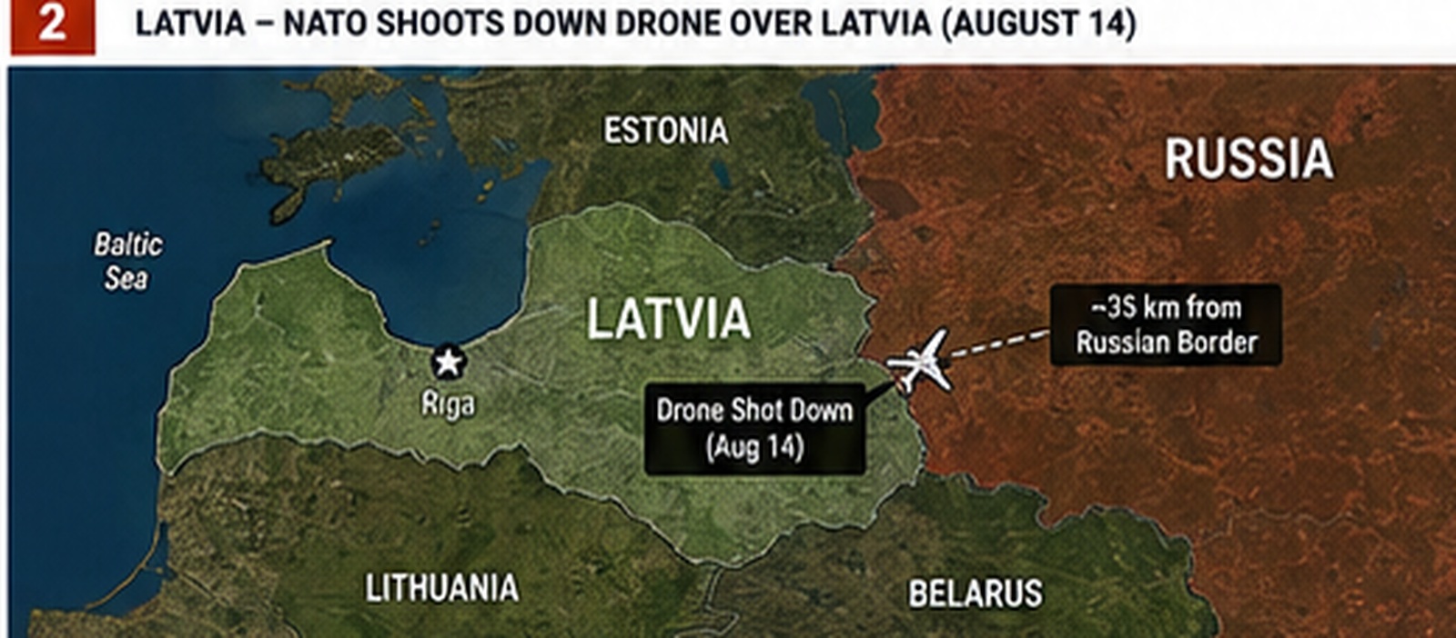 Map showing Latvia, Rugaji, the Russian border and NATO interception of a drone