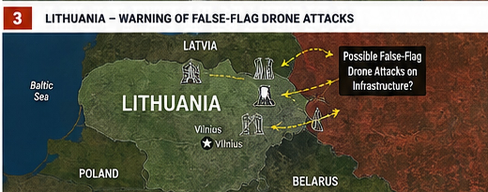 Map showing Lithuania, Latvia, Poland, Belarus and Baltic infrastructure amid false flag drone concerns