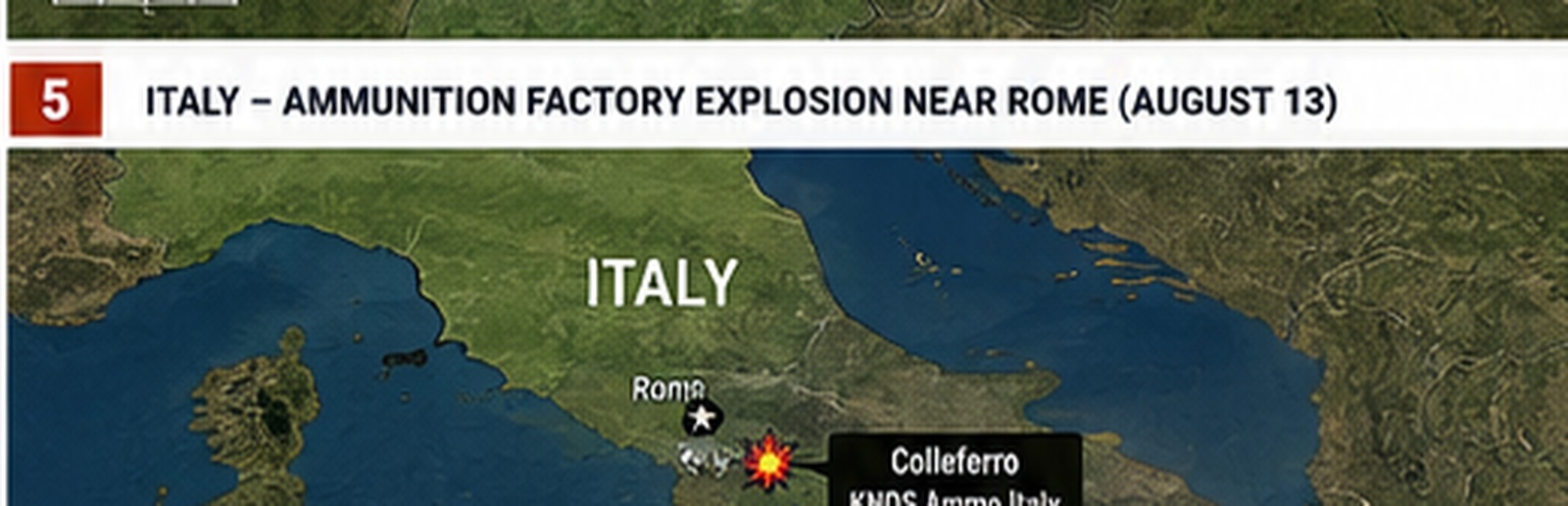 Map of Italy showing Rome and Colleferro where the KNDS Ammo Italy ammunition factory exploded
